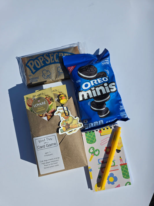 Blind Date with a Card Game | Mystery Card Game + Snacks & Stationery | Surprise Game Night Bundle