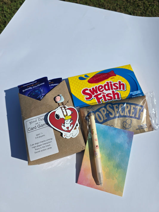 Blind Date with a Card Game | Mystery Card Game + Snacks & Stationery | Surprise Game Night Bundle